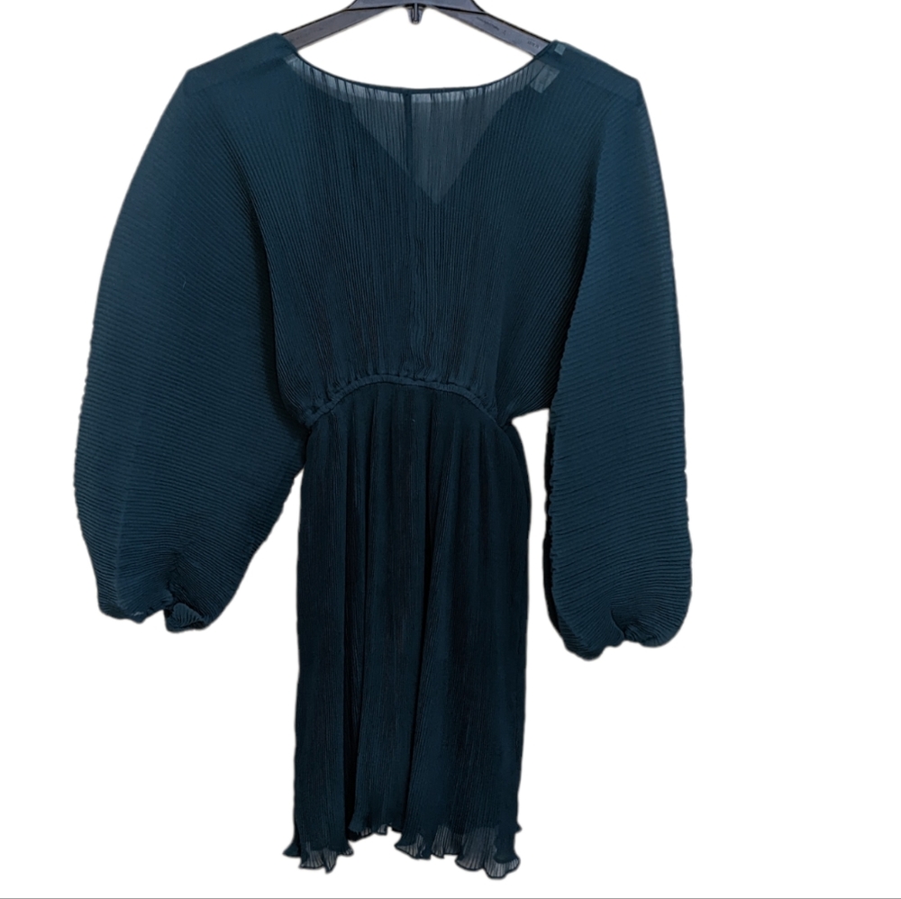 Floret Studios Pleated Long Sleeve Minidress In Hunter Green XS